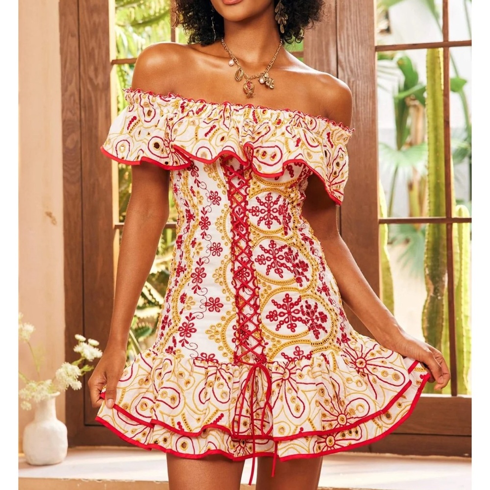 NWT Printed Embroidered Off-shoulder Mini Dress